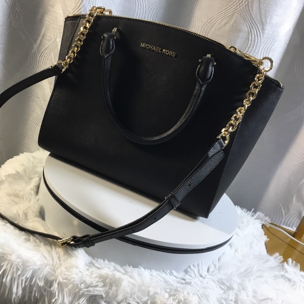 Michael Kors Black Saffiano Satchel with Gold Chain Strap